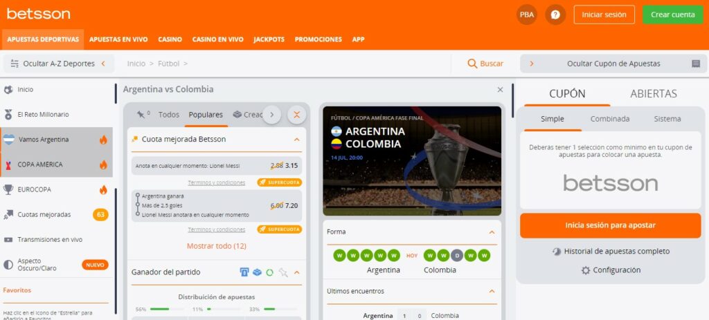 Apuesta en la final Argentina vs Colombia cuotas