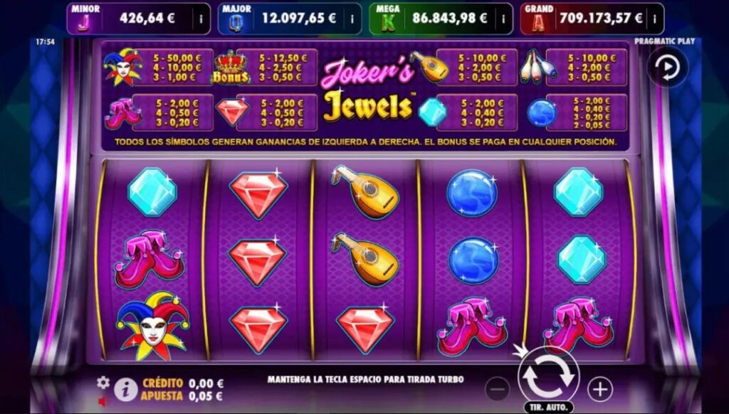 Interfaz de Joker's Jewels Jackpot Play