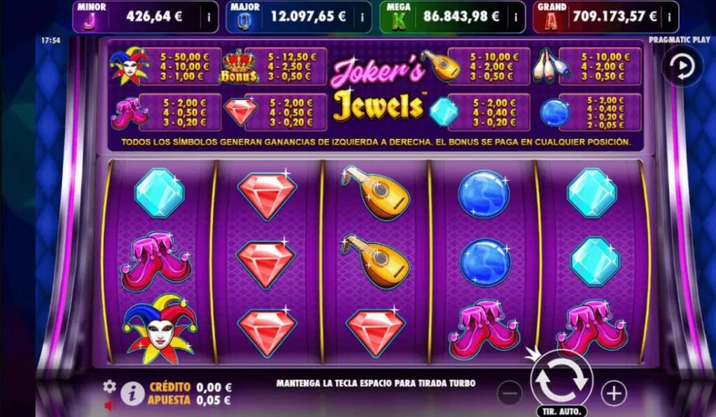 Interfaz de la tragamonedas Joker’s Jewels Jackpot Play